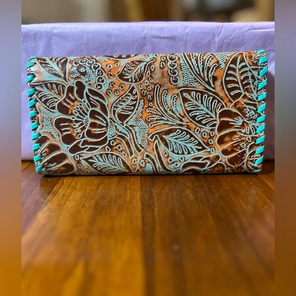 MYRA BAG Brown & Turquoise Floral Embossed Leather Wallet w/Turquoise Snap. NEW! - Picture 2 of 10